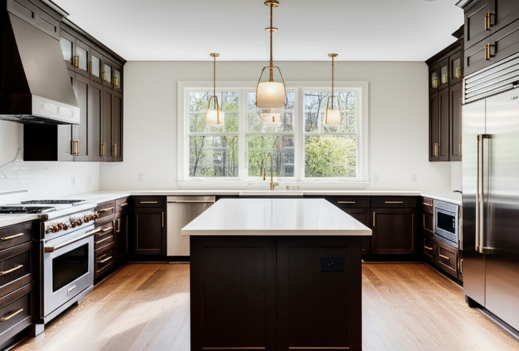 Luxurious modern kitchen remodel in Pasadena with white quartz countertops and gold hardware